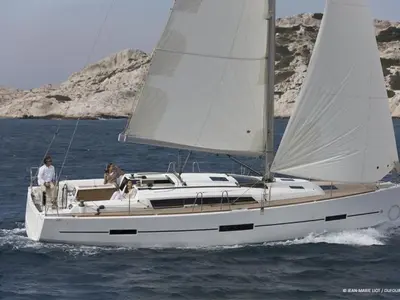 Exterior view of Tigre do Mar, a Dufour 410 Grand Large sailboat at Angra dos Reis, Brazil