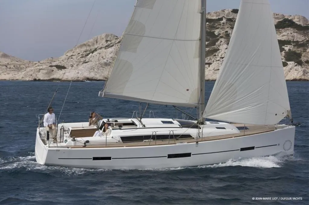 Exterior view of Tigre do Mar, a Dufour 410 Grand Large sailboat at Angra dos Reis, Brazil