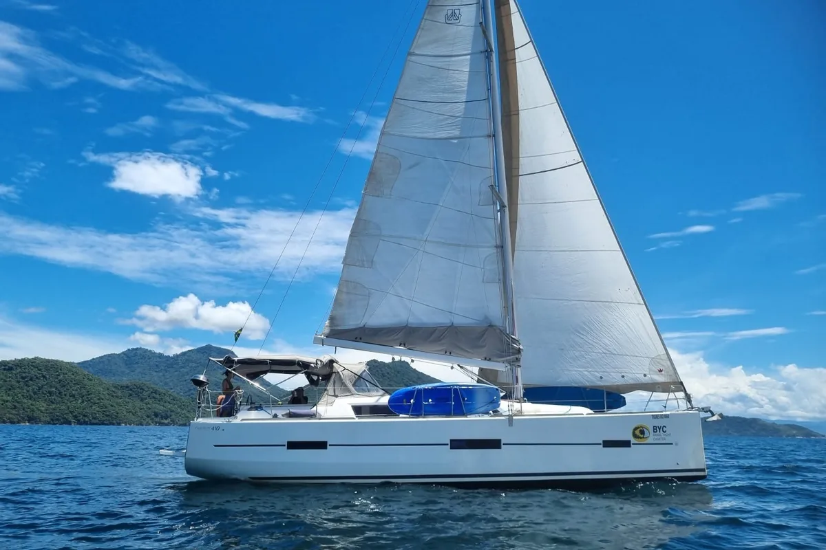Exterior view of Tigre do Mar, a Dufour 410 Grand Large sailboat at Angra dos Reis, Brazil