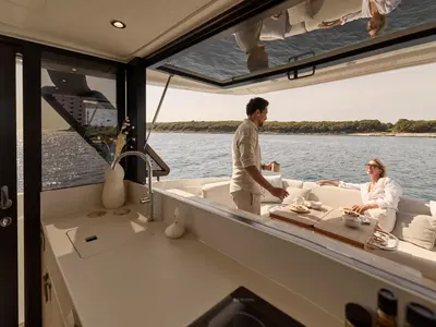 Galley of MR.77, a Prestige F4.3 motorboat at Grad Kaštela, Croatia
