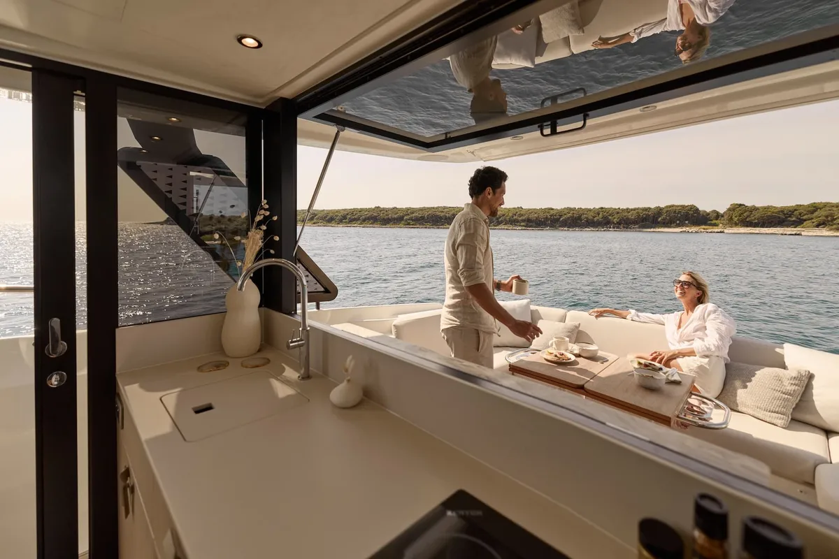 Galley of MR.77, a Prestige F4.3 motorboat at Grad Kaštela, Croatia