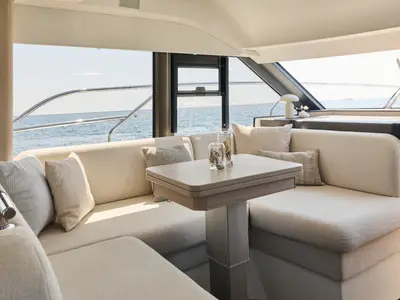Salon of MR.77, a Prestige F4.3 motorboat at Grad Kaštela, Croatia