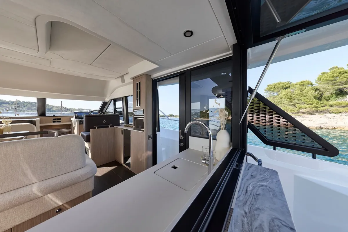 Galley of MR.77, a Prestige F4.3 motorboat at Grad Kaštela, Croatia