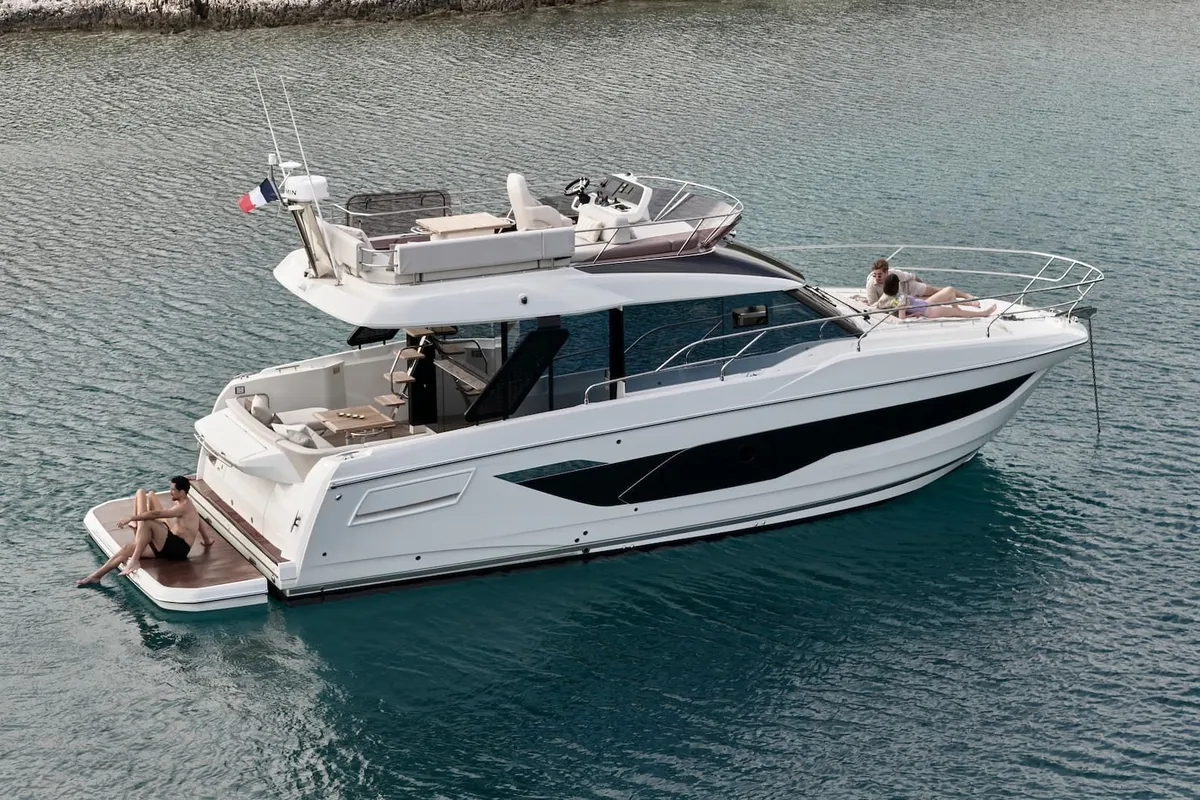 Exterior view of MR.77, a Prestige F4.3 motorboat at Grad Kaštela, Croatia
