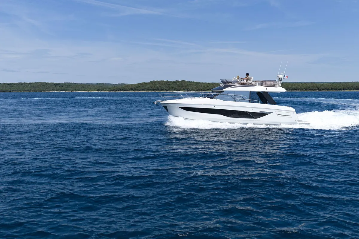 Exterior view of MR.77, a Prestige F4.3 motorboat at Grad Kaštela, Croatia