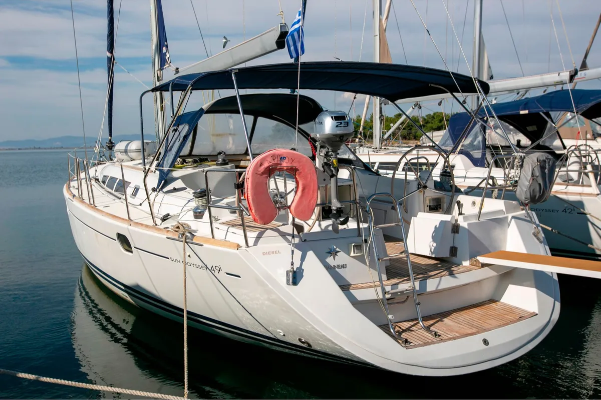 Exterior view of Mimi, a Jeanneau Sun Odyssey 49i sailboat at Keramoti, Greece
