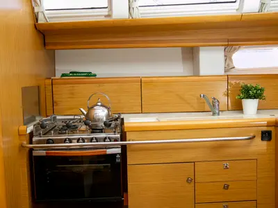 Galley of Mimi, a Jeanneau Sun Odyssey 49i sailboat at Keramoti, Greece