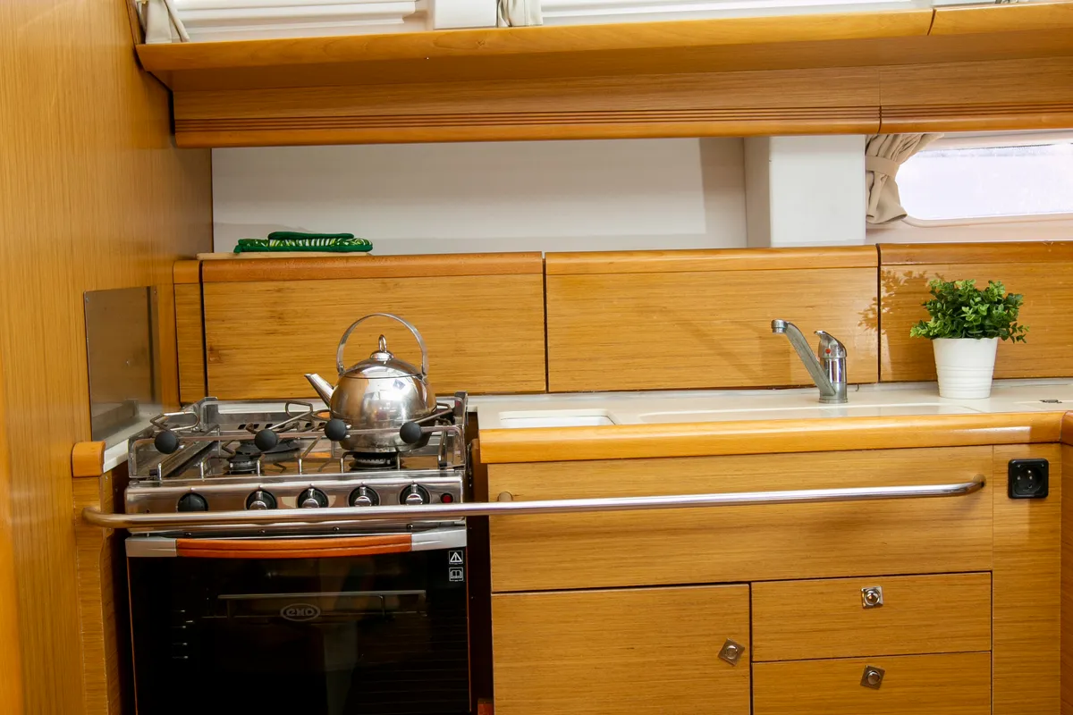 Galley of Mimi, a Jeanneau Sun Odyssey 49i sailboat at Keramoti, Greece