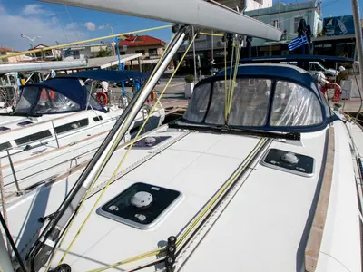 Deck of Mimi, a Jeanneau Sun Odyssey 49i sailboat at Keramoti, Greece
