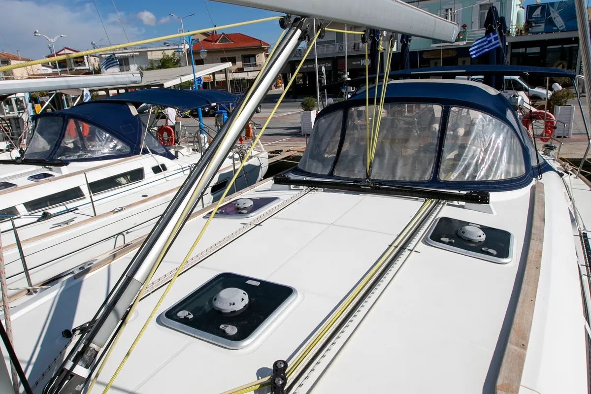 Deck of Mimi, a Jeanneau Sun Odyssey 49i sailboat at Keramoti, Greece