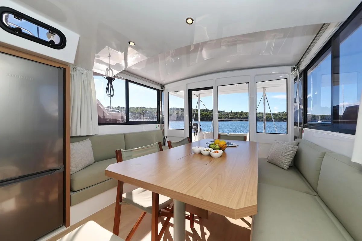 Salon of Rolling Stone, a Bali Catspace catamaran at Grad Šibenik, Croatia