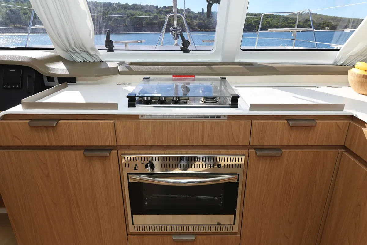 Galley of Rolling Stone, a Bali Catspace catamaran at Grad Šibenik, Croatia