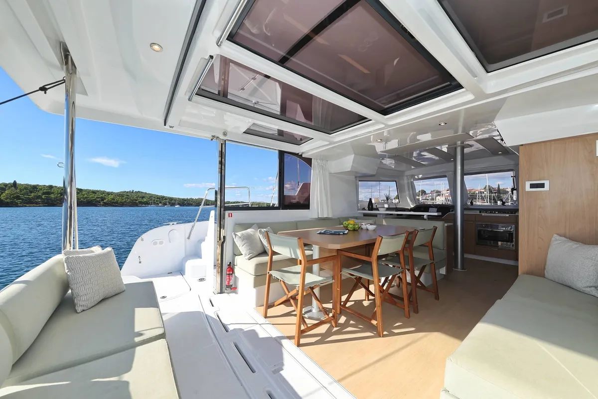 Deck of Rolling Stone, a Bali Catspace catamaran at Grad Šibenik, Croatia