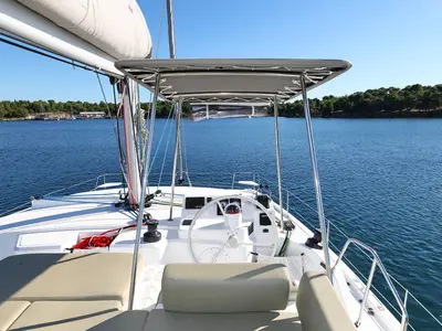 Cockpit of Rolling Stone, a Bali Catspace catamaran at Grad Šibenik, Croatia