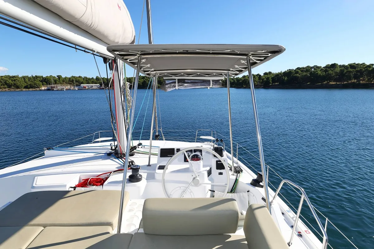 Cockpit of Rolling Stone, a Bali Catspace catamaran at Grad Šibenik, Croatia