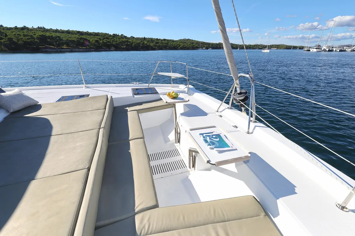 Deck of Rolling Stone, a Bali Catspace catamaran at Grad Šibenik, Croatia