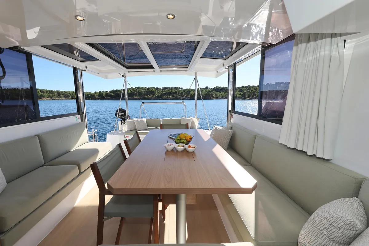 Salon of Rolling Stone, a Bali Catspace catamaran at Grad Šibenik, Croatia