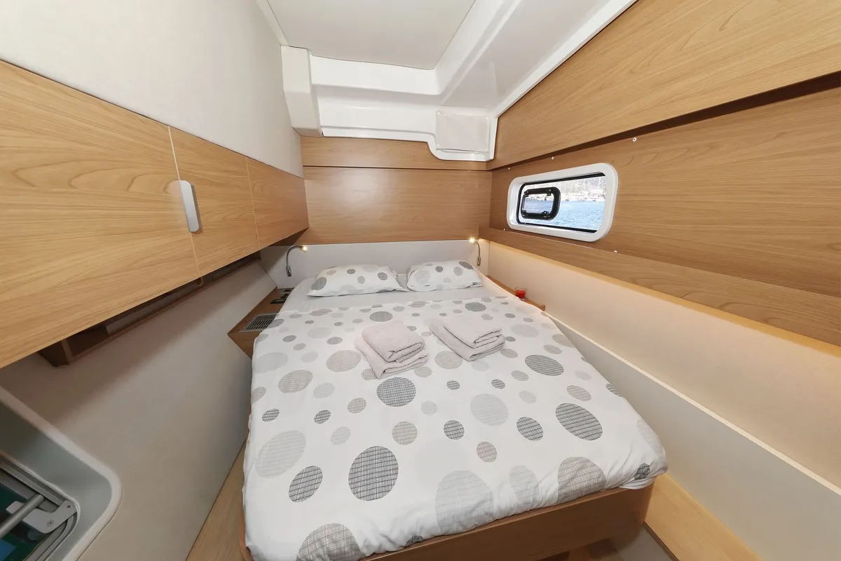 Cabin on Rolling Stone, a Bali Catspace catamaran at Grad Šibenik, Croatia