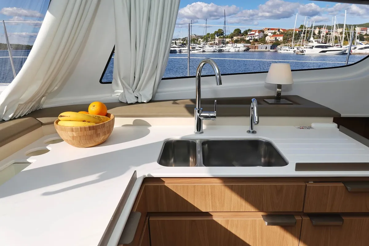 Galley of Rolling Stone, a Bali Catspace catamaran at Grad Šibenik, Croatia