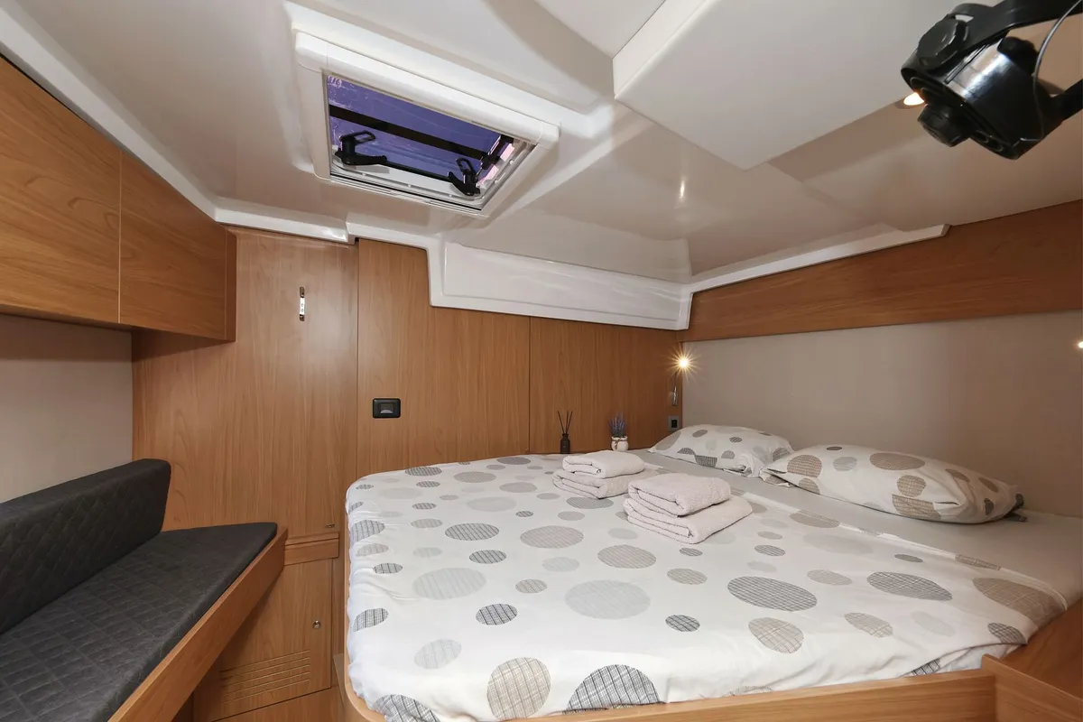 Cabin on Rolling Stone, a Bali Catspace catamaran at Grad Šibenik, Croatia