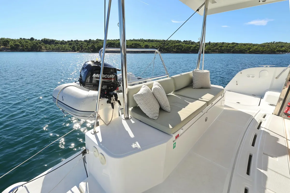 Deck of Rolling Stone, a Bali Catspace catamaran at Grad Šibenik, Croatia