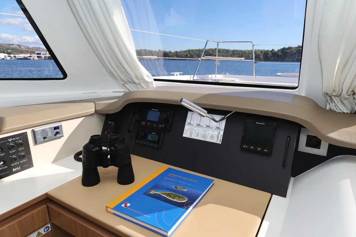 Cockpit of Rolling Stone, a Bali Catspace catamaran at Grad Šibenik, Croatia