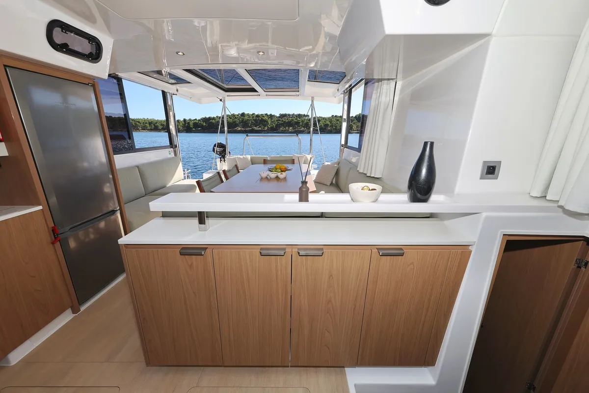 Salon of Rolling Stone, a Bali Catspace catamaran at Grad Šibenik, Croatia