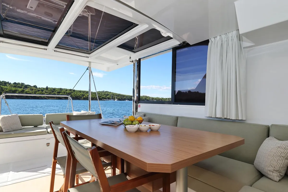 Salon of Rolling Stone, a Bali Catspace catamaran at Grad Šibenik, Croatia