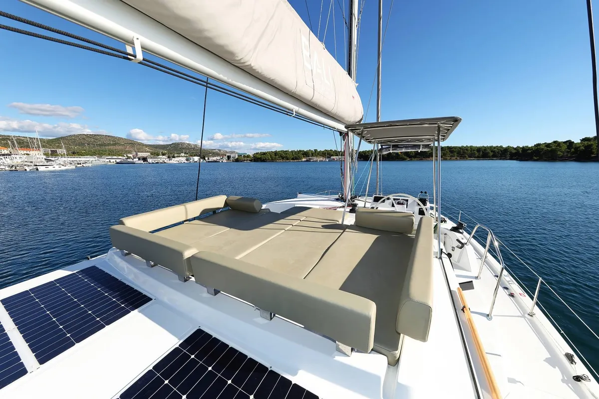 Deck of Rolling Stone, a Bali Catspace catamaran at Grad Šibenik, Croatia