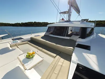 Deck of Rolling Stone, a Bali Catspace catamaran at Grad Šibenik, Croatia