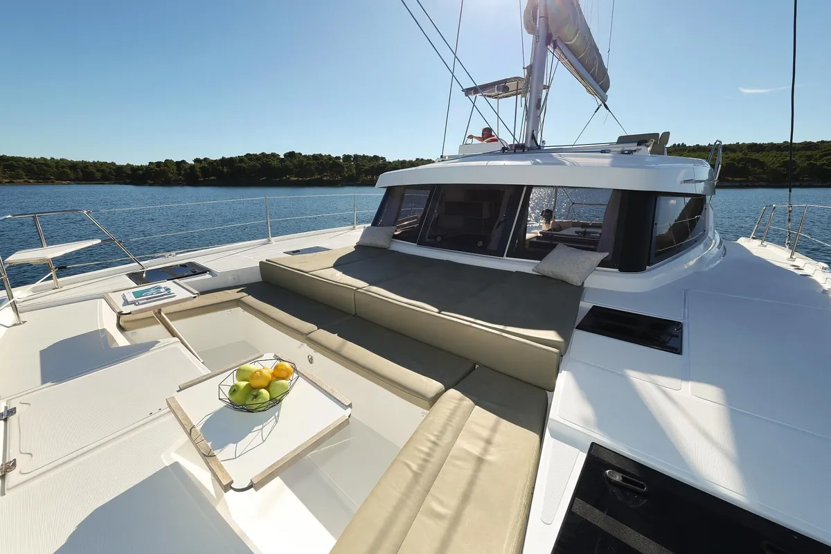 Deck of Rolling Stone, a Bali Catspace catamaran at Grad Šibenik, Croatia