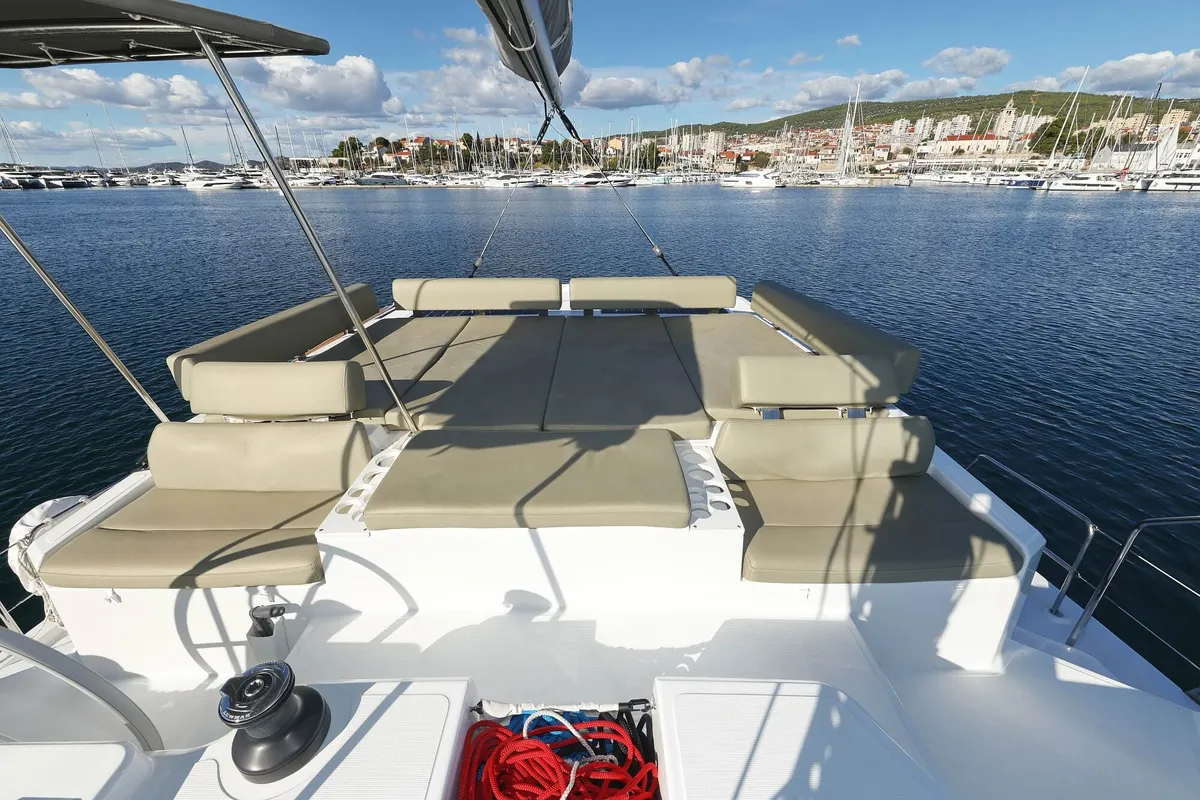 Deck of Rolling Stone, a Bali Catspace catamaran at Grad Šibenik, Croatia