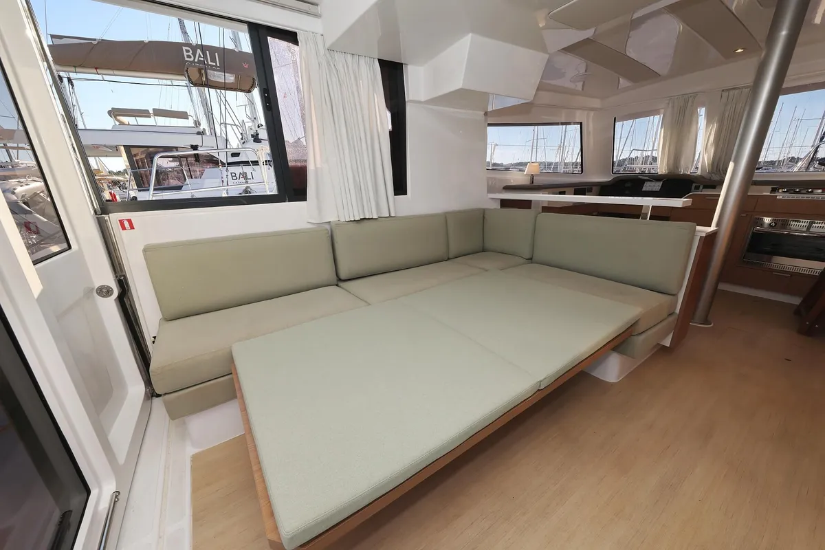 Salon of Rolling Stone, a Bali Catspace catamaran at Grad Šibenik, Croatia