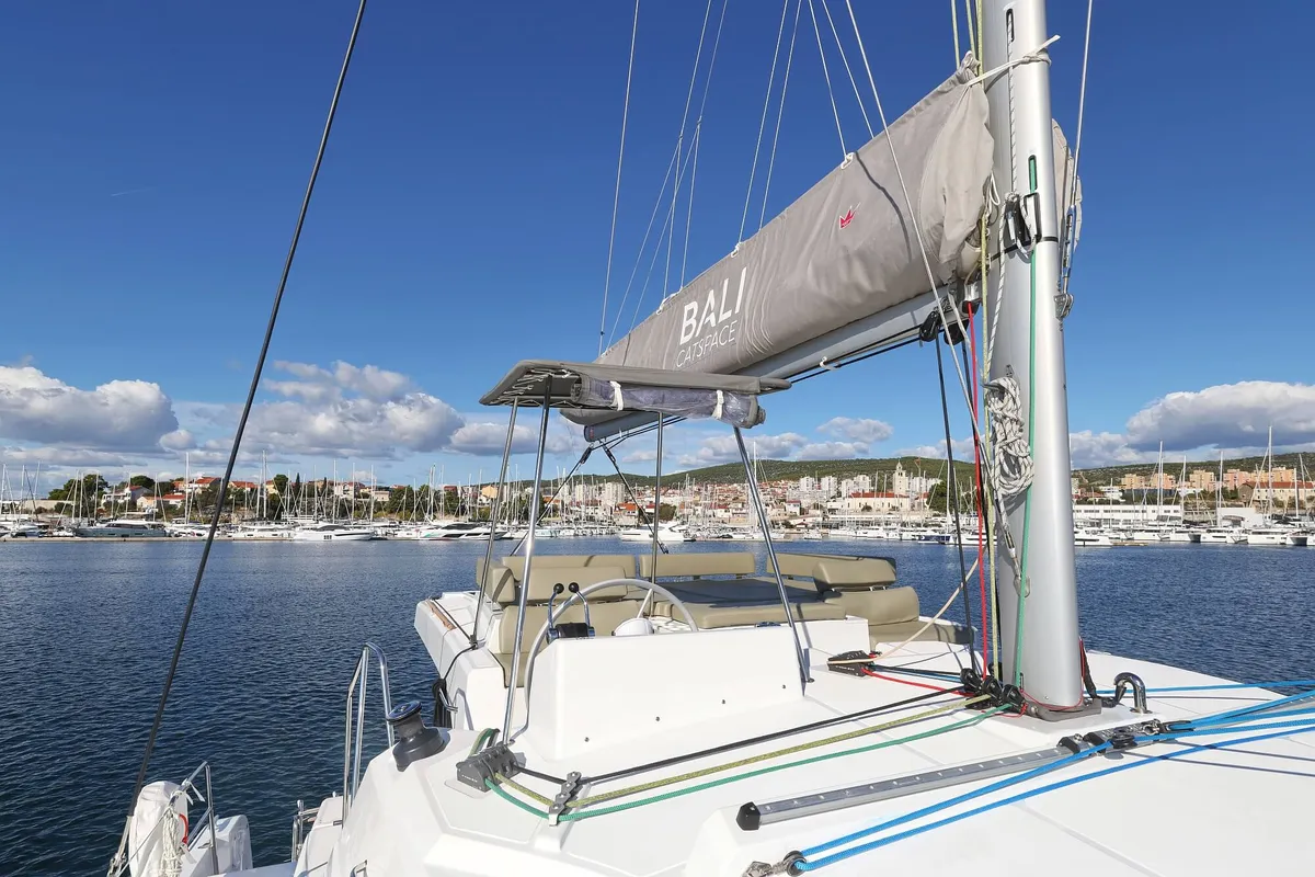 Cockpit of Rolling Stone, a Bali Catspace catamaran at Grad Šibenik, Croatia