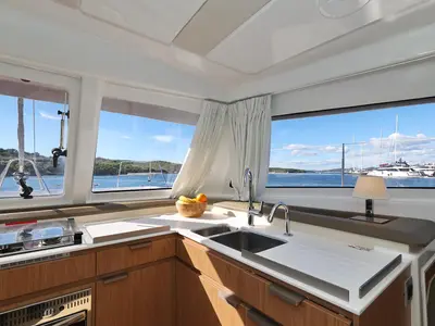 Galley of Rolling Stone, a Bali Catspace catamaran at Grad Šibenik, Croatia