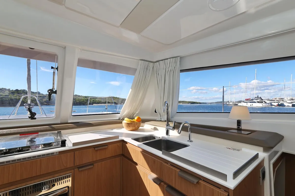 Galley of Rolling Stone, a Bali Catspace catamaran at Grad Šibenik, Croatia