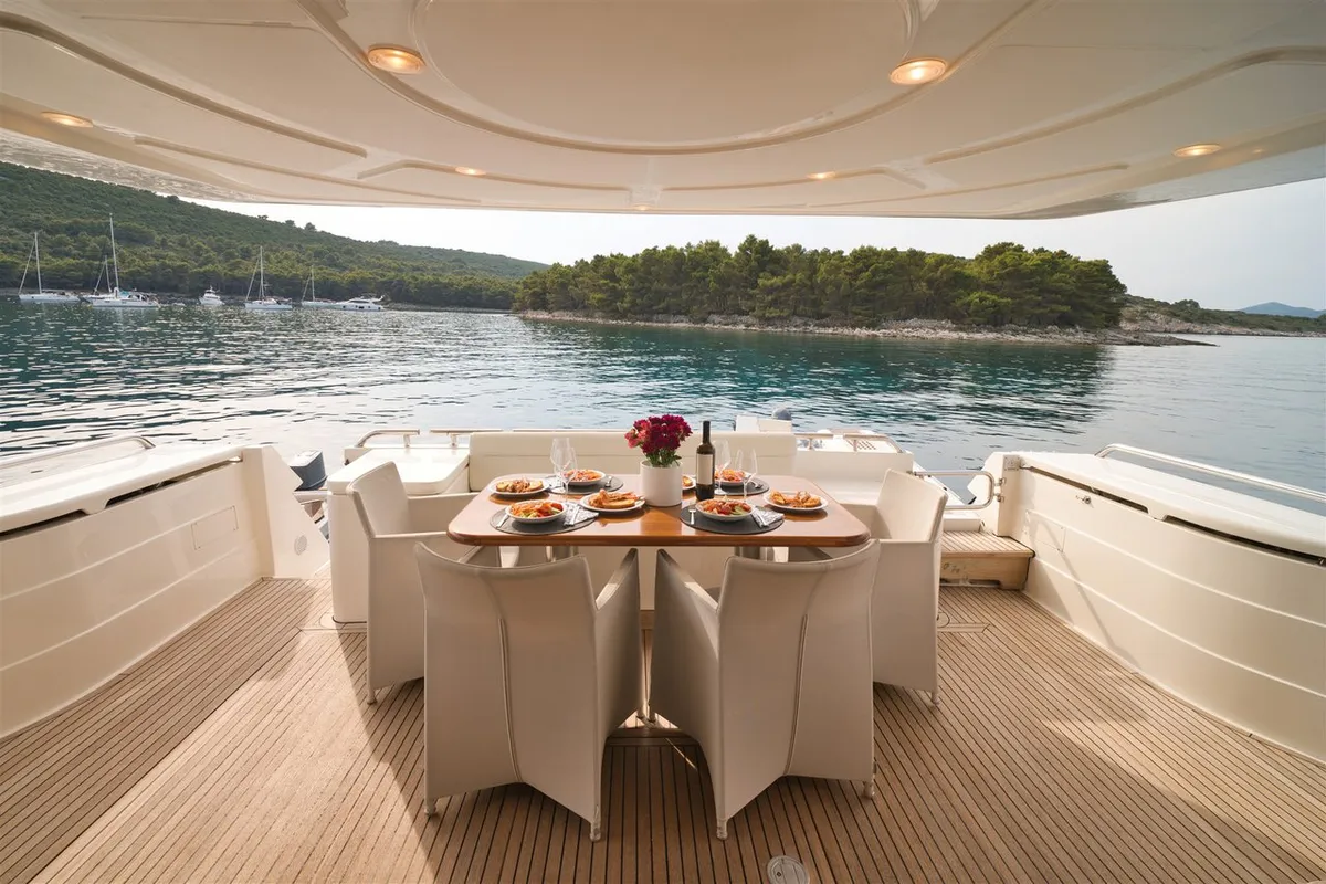 Deck of M/Y Dominique, a Ferretti Yachts 681 motor yacht at Split, Croatia