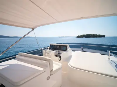 Cockpit of M/Y Dominique, a Ferretti Yachts 681 motor yacht at Split, Croatia