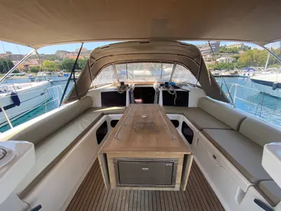 Cockpit of Moscow Mule, a Dufour 520 GL sailboat at Milazzo, Italy