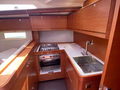 Galley of Moscow Mule, a Dufour 520 GL sailboat at Milazzo, Italy