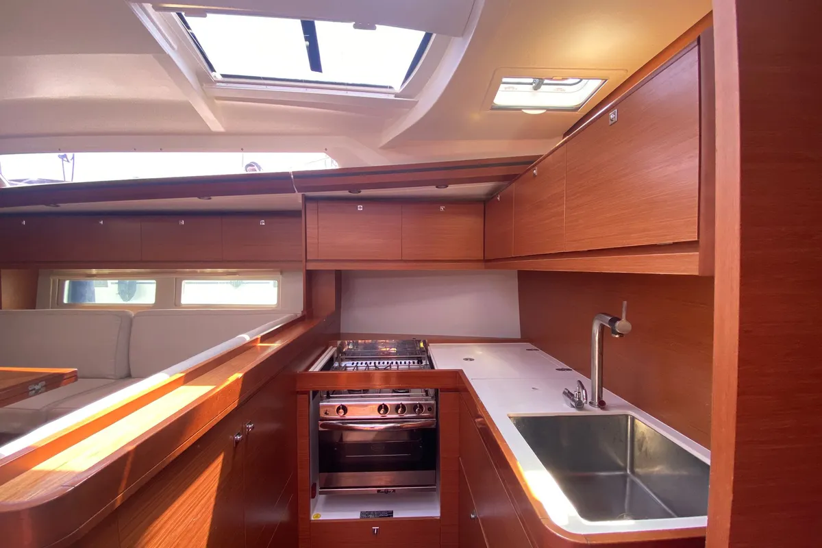 Galley of Moscow Mule, a Dufour 520 GL sailboat at Milazzo, Italy