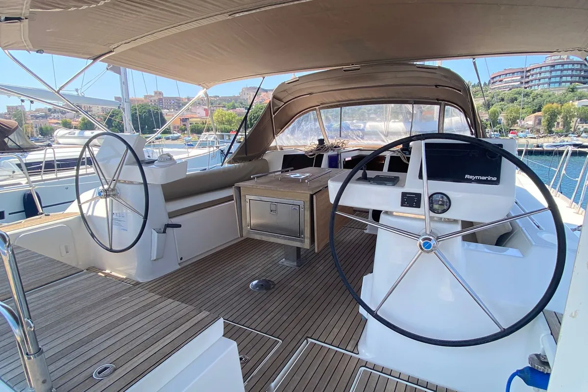 Cockpit of Moscow Mule, a Dufour 520 GL sailboat at Milazzo, Italy