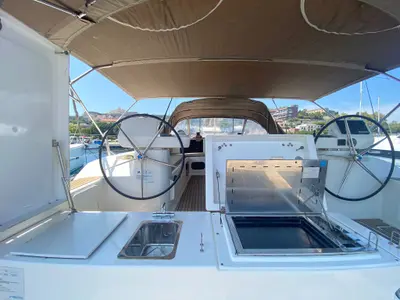 Deck of Moscow Mule, a Dufour 520 GL sailboat at Milazzo, Italy