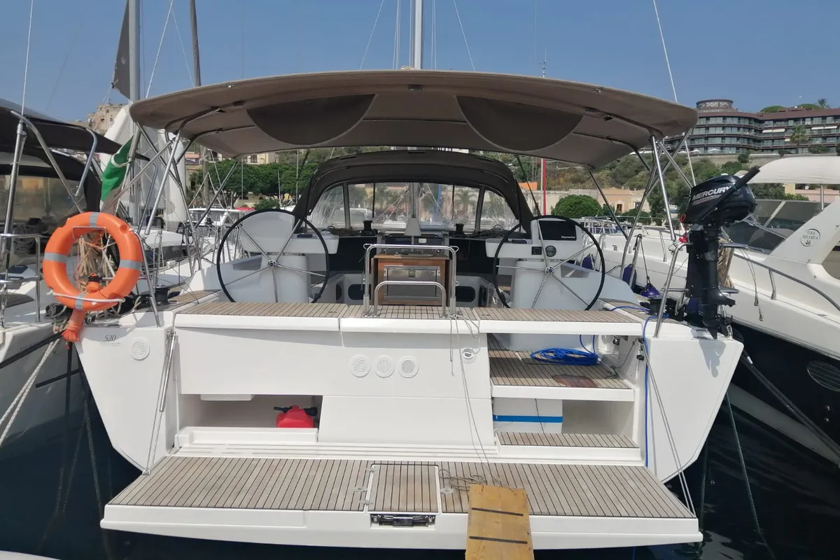 Exterior view of Moscow Mule, a Dufour 520 GL sailboat at Milazzo, Italy