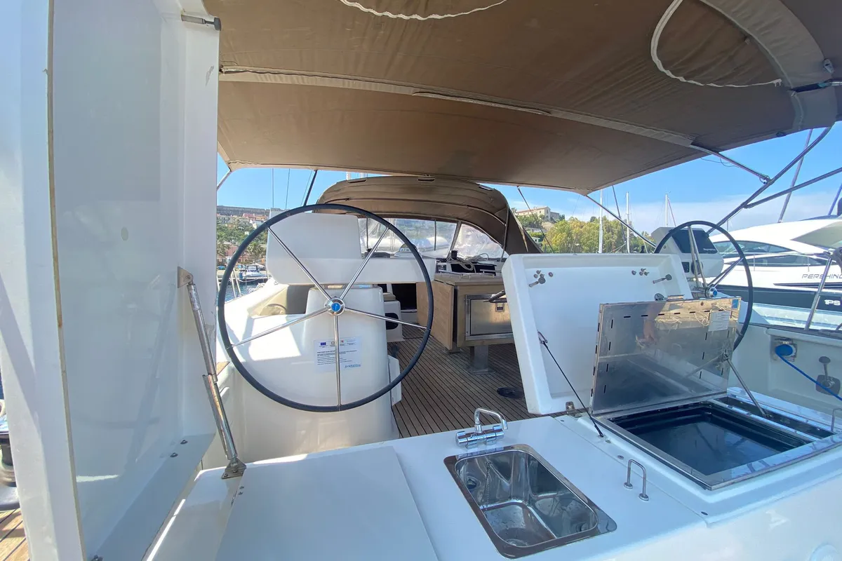 Cockpit of Moscow Mule, a Dufour 520 GL sailboat at Milazzo, Italy