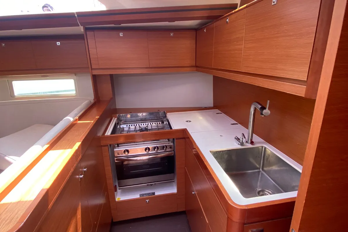 Galley of Moscow Mule, a Dufour 520 GL sailboat at Milazzo, Italy