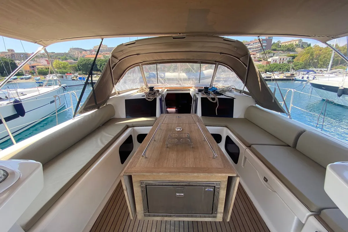 Exterior view of Moscow Mule, a Dufour 520 GL sailboat at Milazzo, Italy