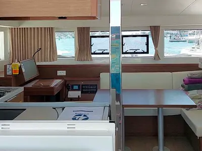 Salon of StarElli, a Lagoon 40 catamaran at Palma de Mallorca, Spain