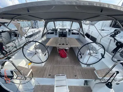 Cockpit of Star of the Seas, a Beneteau Oceanis 40.1 sailboat at Felanitx, Spain