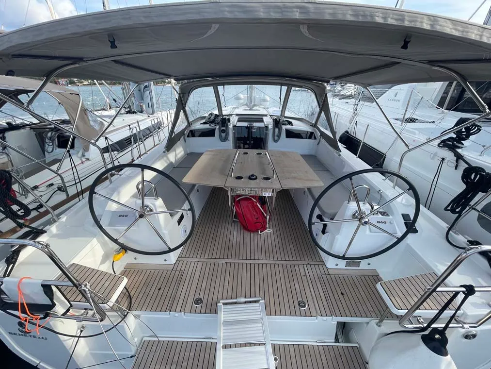 Cockpit of Star of the Seas, a Beneteau Oceanis 40.1 sailboat at Felanitx, Spain